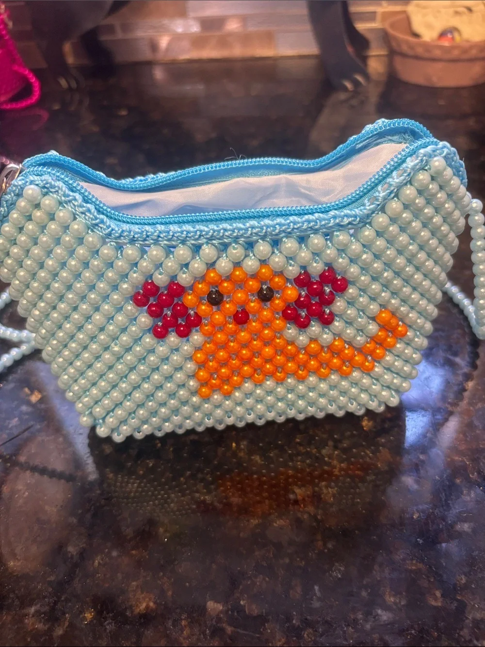 Hand Crafted Light Blue Beaded Purse with Orange & Red Dog Motif